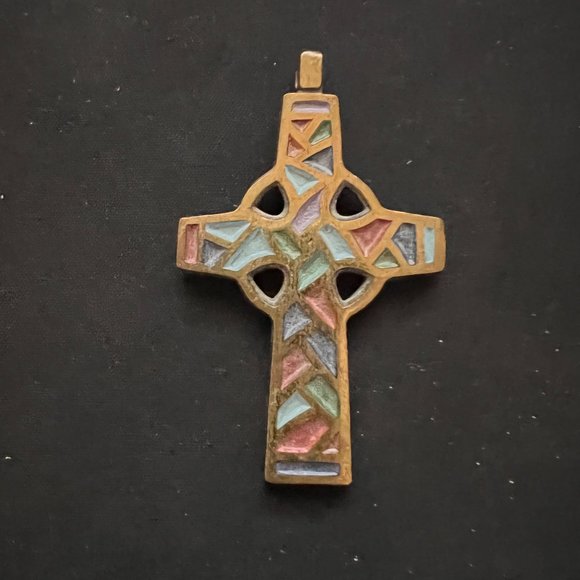 Vintage 1969 Terra Sancta Guild Israel Enamel Cross Crucifix Pendant - Picture 2 of 4